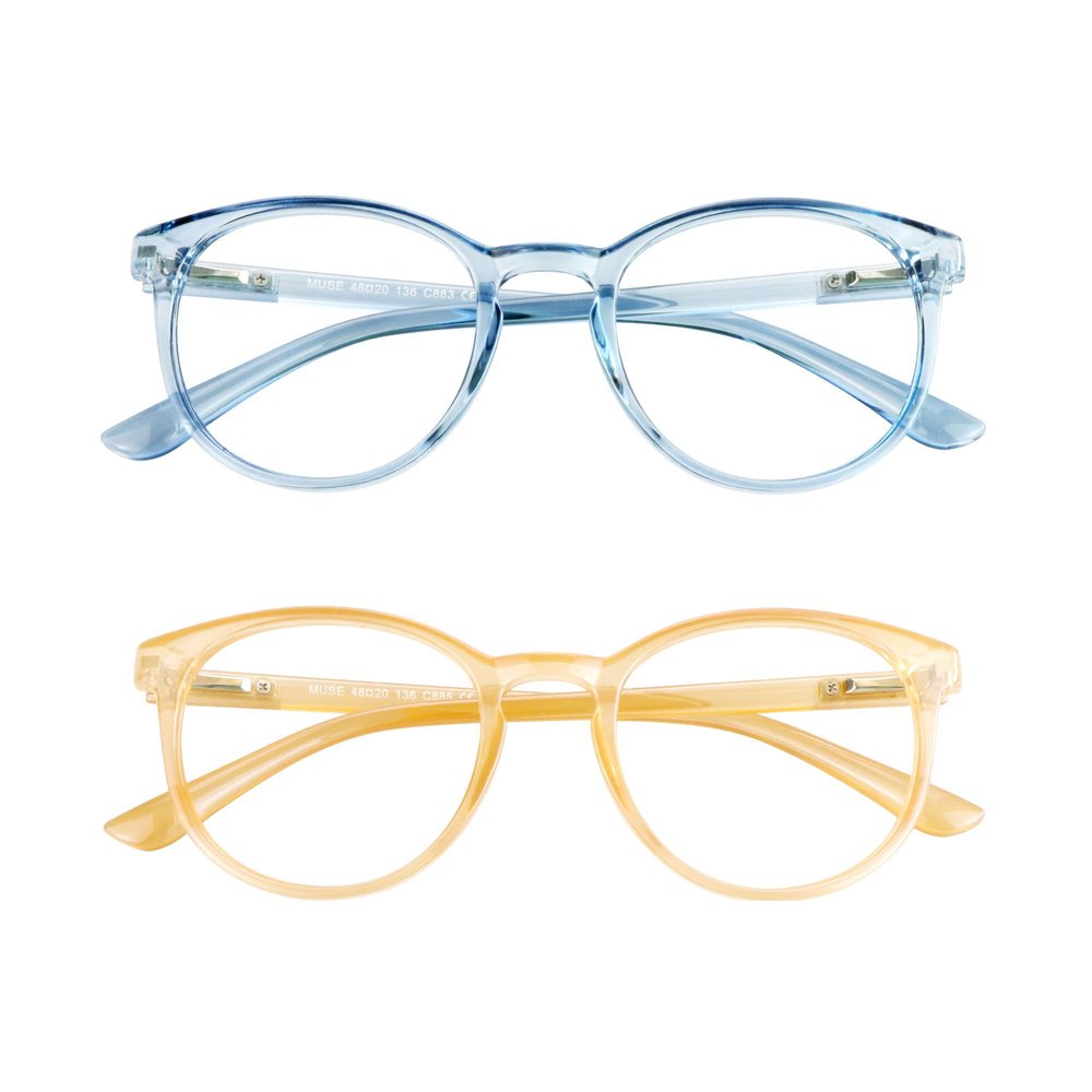 VisionGlobal Blue Light Blocking Glasses, 2 Pack Computer Reading Glasses for Anti EyestrainStylish Oval Frame, Anti Glare(Clear Blue + Champagne, 0.75 Magnification)