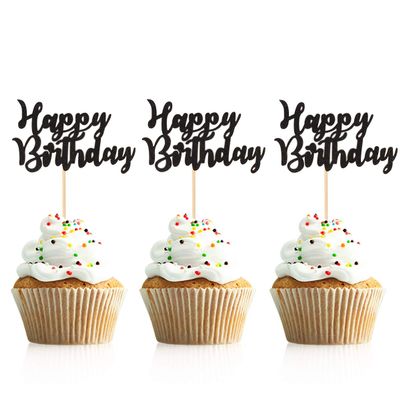 Donoter 48 Pcs Glitter Black Happy Birthday Cupcake Toppers Cake Picks for Birthday Party Decoration Supplies