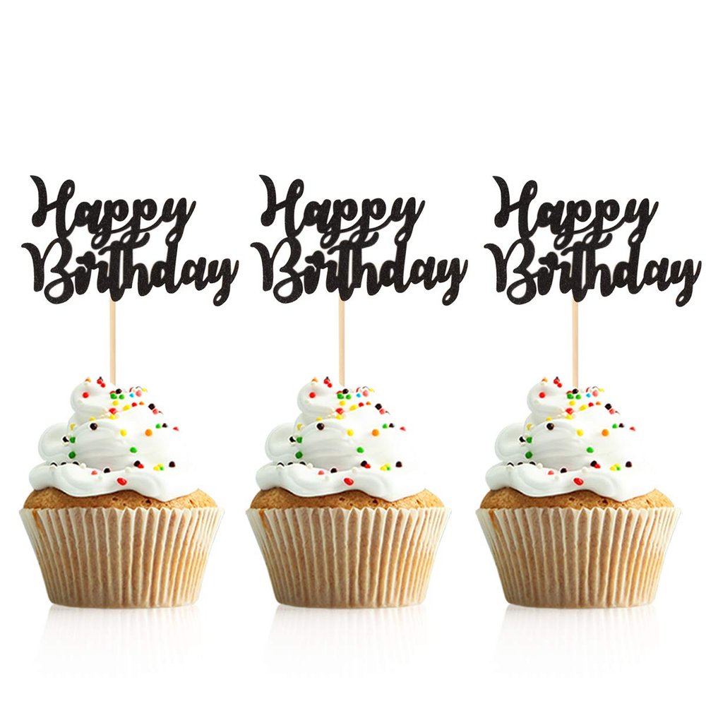 Donoter 48 Pcs Glitter Black Happy Birthday Cupcake Toppers Cake Picks for Birthday Party Decoration Supplies