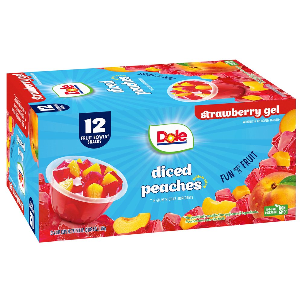Dole Fruit Bowls Peaches in Strawberry Flavored Gel Snacks, 4.3oz 12 Total Cups, Gluten & Dairy Free, Bulk Lunch Snacks for Kids & Adults