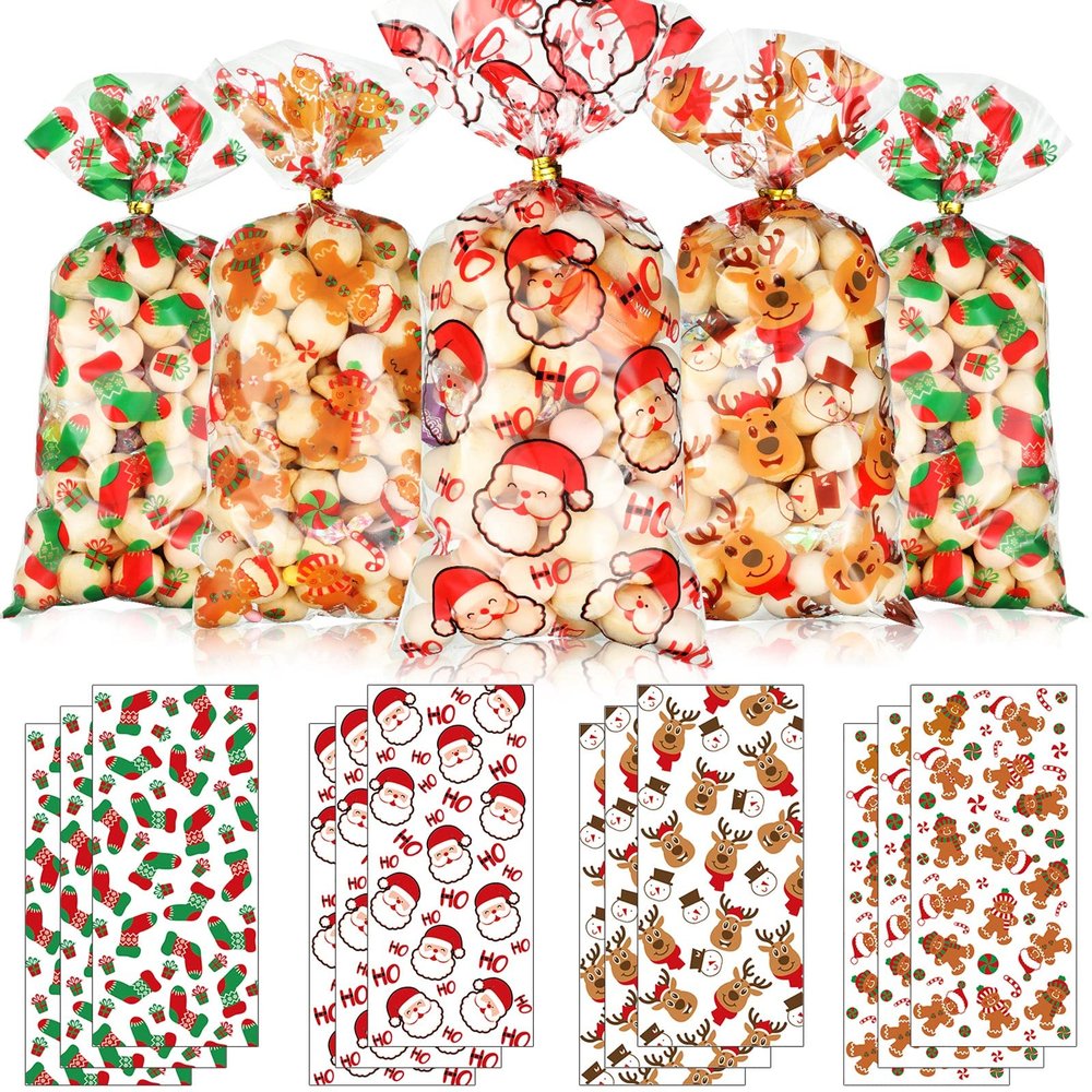 Blulu 120 Pieces Christmas Cellophane Treat Bags - Holiday Santa Socks Elf Candy Bags With 200 Gold and Silver Twist Ties for Xmas Present Decor (4 Patterns)