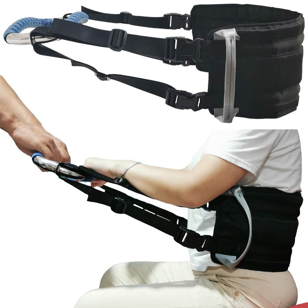 Patient Sit to Stand Lift Sling Medical Transfer Gait Belt Adjustable Pull Up Strap with Stainless Steel No-Slip Grip Handicap Bar Handles Aid Help Getting Up Full Body AmyBy Black