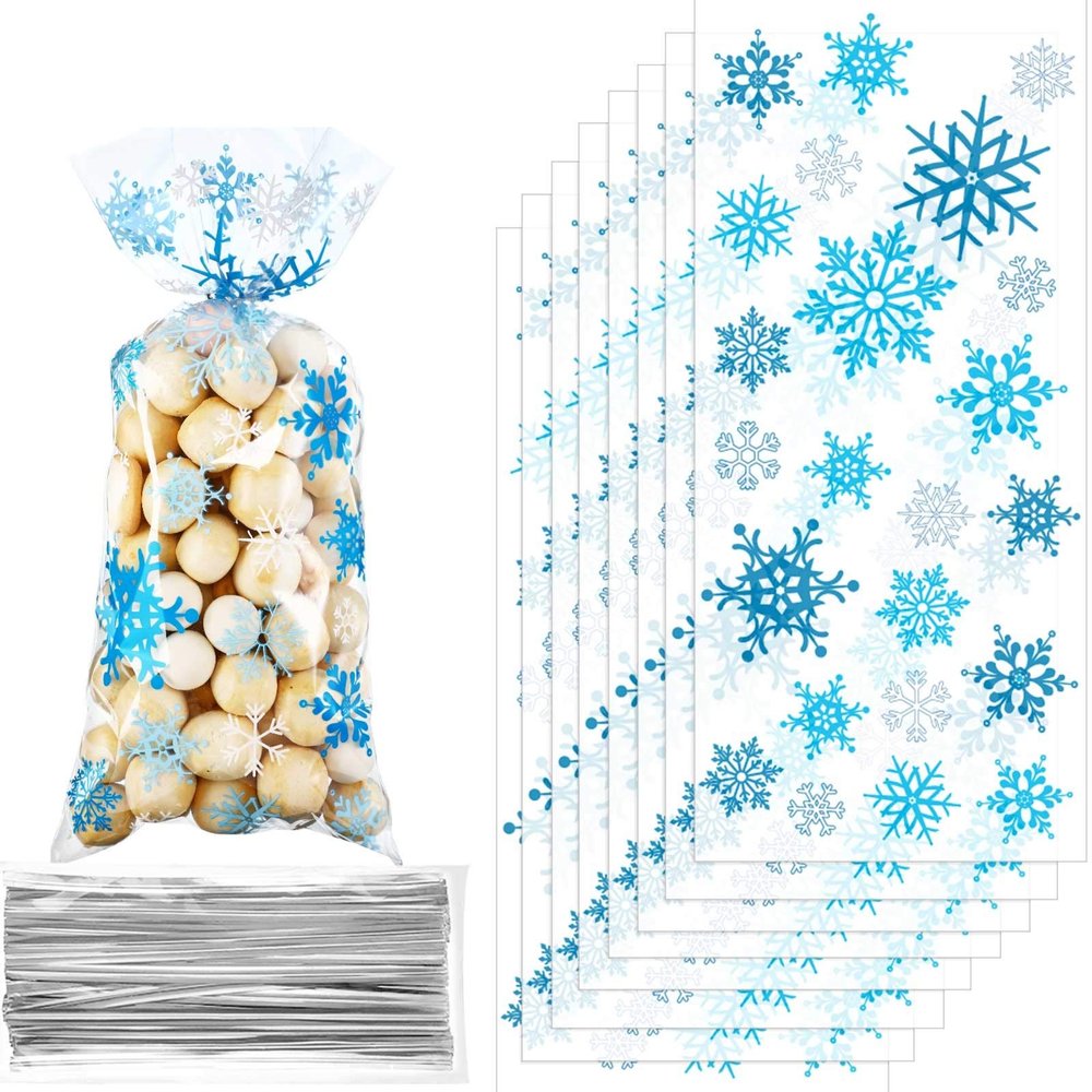 Blulu 100 Pcs Winter Snowflake Cellophane Treat Bags Christmas Candy Goodie Cookie Bags Plastic with Twist Ties for Xmas Wonderland Birthday Winter Holiday Party Favors