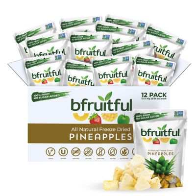 bfruitful Freeze-Dried Pineapple, Freeze Dried Fresh Fruit Bites, Gluten Free, Vegan, Dairy Free, Kosher, No Sugar Added, Non GMO, Healthy Snacks for Kids or Adults, 0.56 oz Single-Serve Snack Packets, 12 Pack