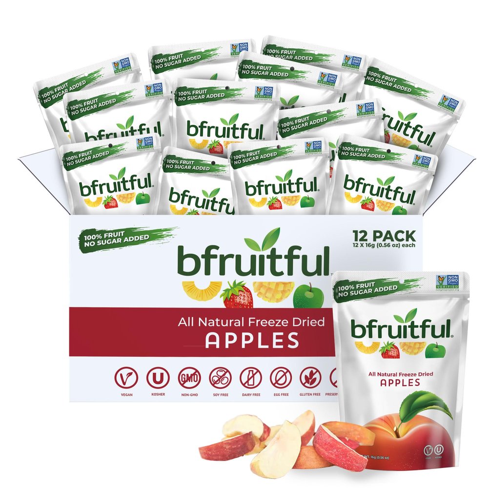 bfruitful Freeze-Dried Apple, Freeze Dried Fresh Fruit Bites, Gluten Free, Vegan, Dairy Free, Kosher, No Sugar Added, Non GMO, Healthy Snacks for Kids or Adults, 0.56 oz Single-Serve Snack Packets, 12 Pack
