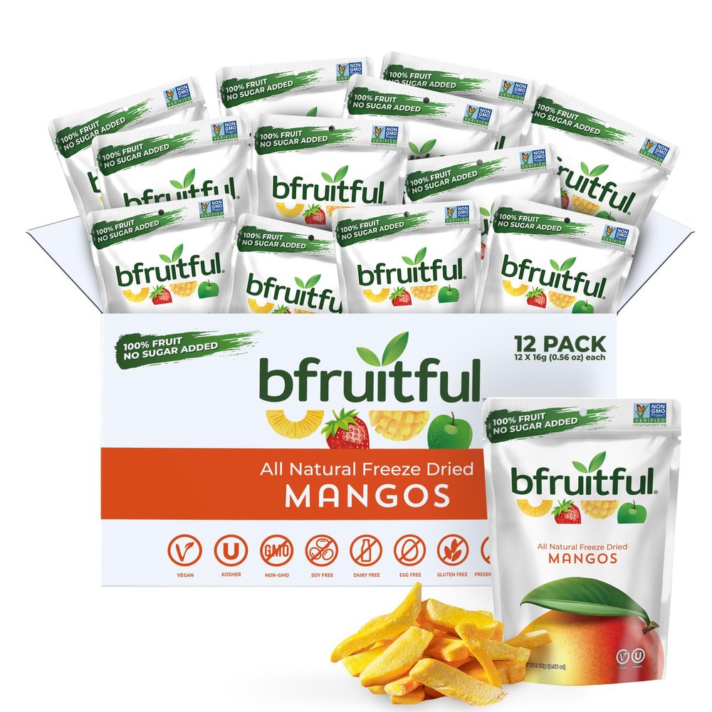 bfruitful Freeze-Dried Mango, Freeze Dried Fresh Fruit Bites, Gluten Free, Vegan, Dairy Free, Kosher, No Sugar Added, Non GMO, Healthy Snacks for Kids or Adults, 0.56 oz Single-Serve Snack Packets, 12 Pack
