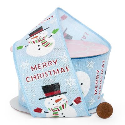 2 1/2" X 10 Yards Merry Christmas Snowman Linen Wired Ribbon