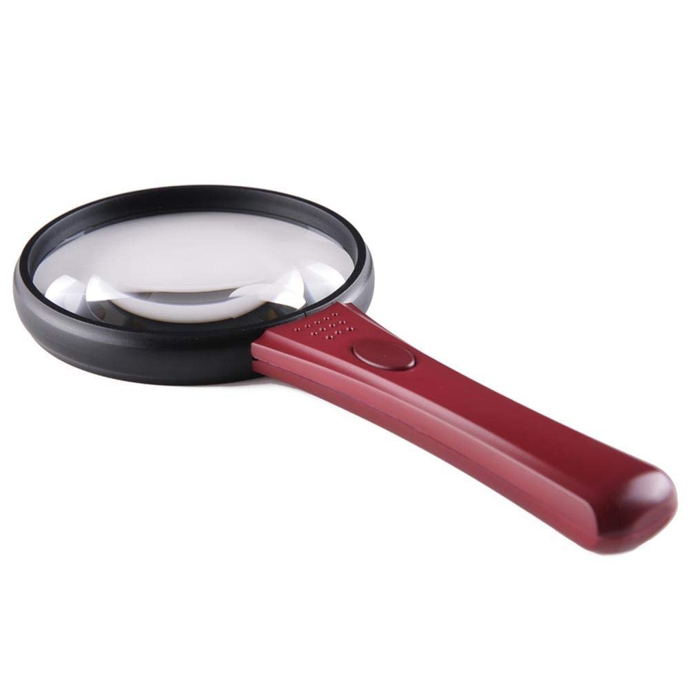 Handheld Magnifier Magnifying Glass ABS Frame Magnifying Mirror with LED Light Magnifying Lens for Home Learning Reading and Fault Finding Red-75mm