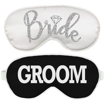 Bride & Groom Gifts - Set of 2 Honeymoon Sleep Masks (1) Bride Silver Diamond White Satin & (1) Groom Black Mask - Wedding Gifts for Couples Mask (BRD Wht/Grm Blk)