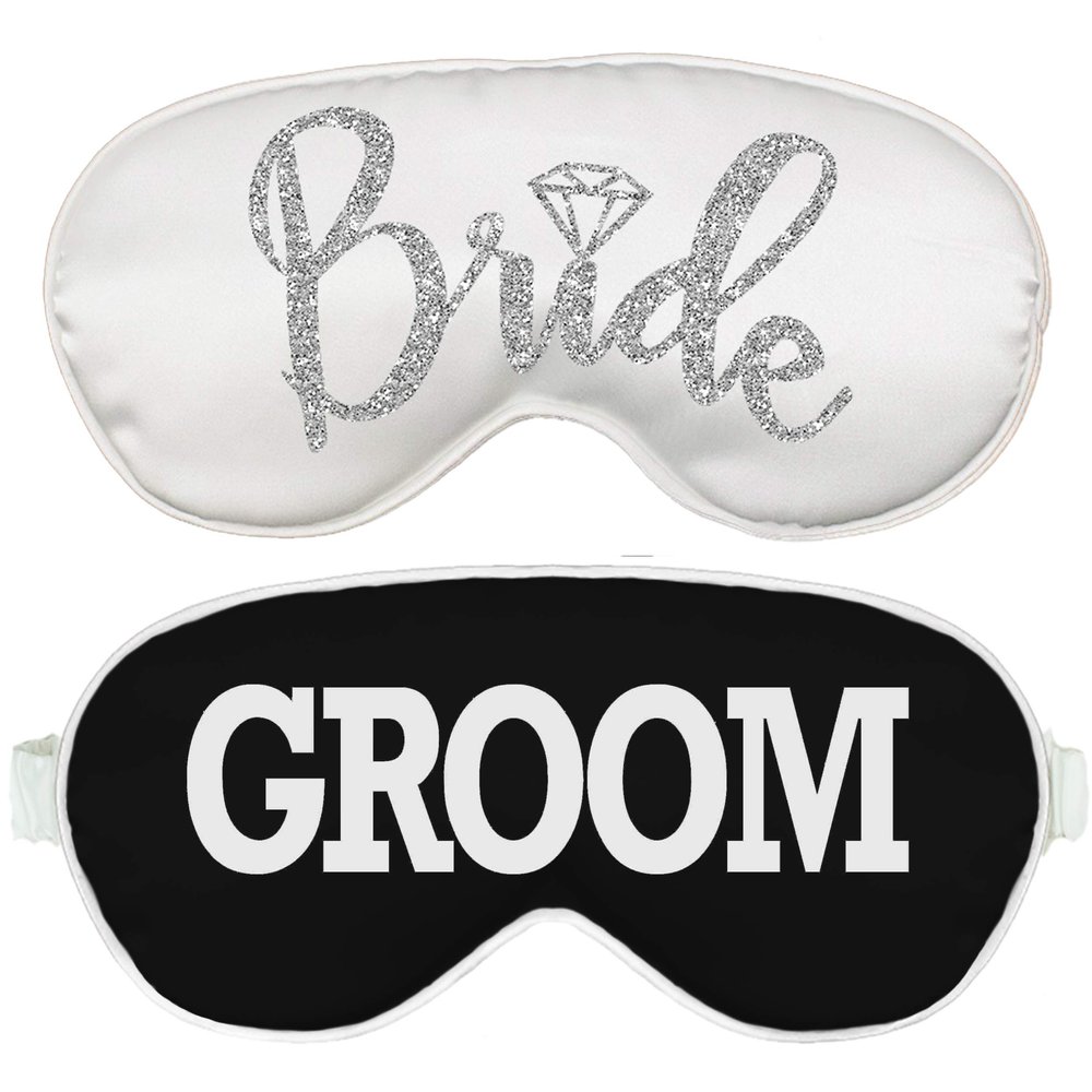 Bride & Groom Gifts - Set of 2 Honeymoon Sleep Masks (1) Bride Silver Diamond White Satin & (1) Groom Black Mask - Wedding Gifts for Couples Mask (BRD Wht/Grm Blk)