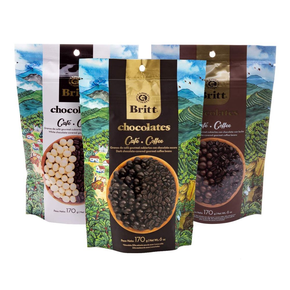 Cafe Britt Chocolates Gourmet Chocolate-covered Arabica Coffee Beans (Dark, Milk and White Chocolate) (3 Pack) (6 oz), Gluten Free, No Artificial Ingredients, No Trans Fat, Costa Rican Product