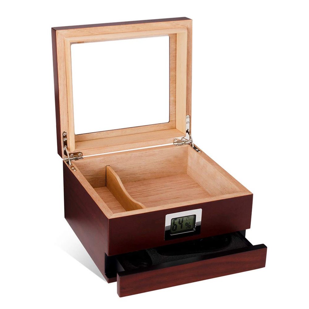 LJJ Cigar Humidor Humidifier Box with Digital Hygrometer, Spanish Cedar Wood, Glass Top, Accessory Drawer - Holds (25-50 Cigars)