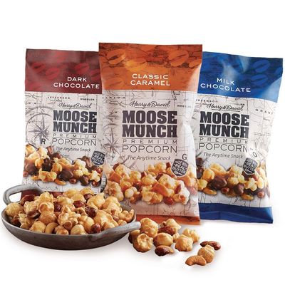 Moose Munch Premium Popcorn Trio By Harry & David, Classic Caramel, Milk And Dark Chocolate (3-Pack), Popcorn Gift Basket, Variety Pack, Movie Night Snacks
