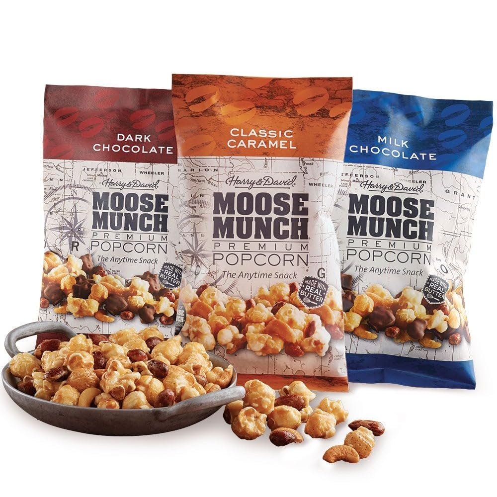 Moose Munch Premium Popcorn Trio By Harry & David, Classic Caramel, Milk And Dark Chocolate (3-Pack), Popcorn Gift Basket, Variety Pack, Movie Night Snacks