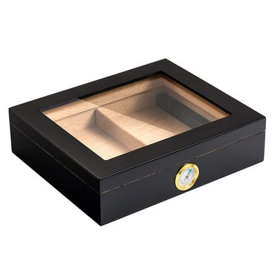 LJJ Cigar Humidor Humidifier Box with Hygrometer, Cedar Wood, Glass Top - Holds (35 Cigars),Black