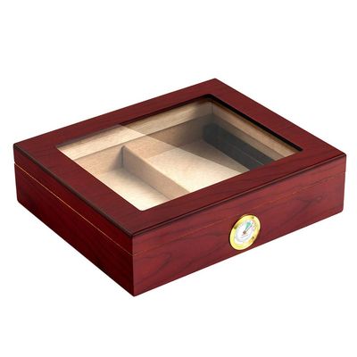 LJJ Cigar Humidor Humidifier Box with Hygrometer, Cedar Wood, Glass Top - Holds (35 Cigars),Red