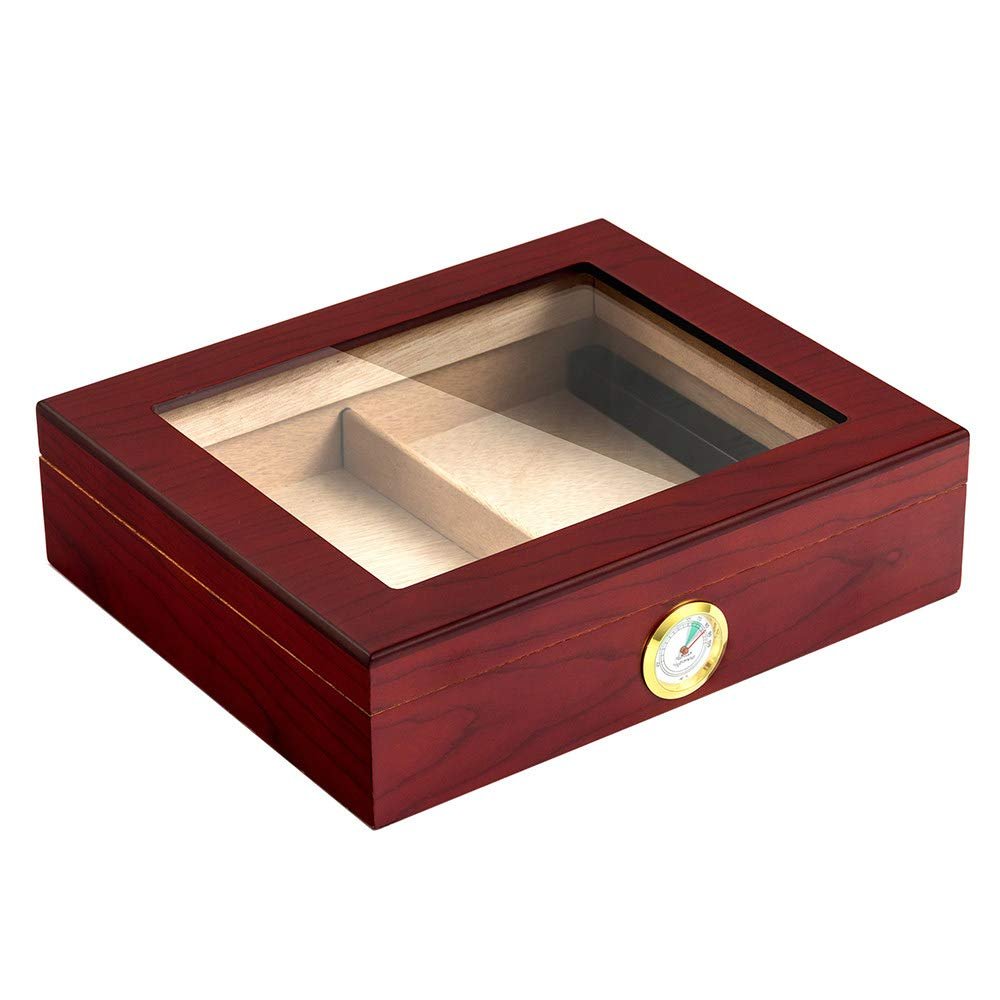 LJJ Cigar Humidor Humidifier Box with Hygrometer, Cedar Wood, Glass Top - Holds (35 Cigars),Red