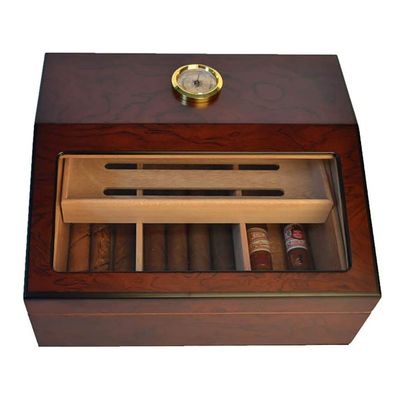 LJJ Cigar Humidor Humidifier Box with Hygrometer, Handmade Wooden Cigar Humidors, Tempered Glass Brown