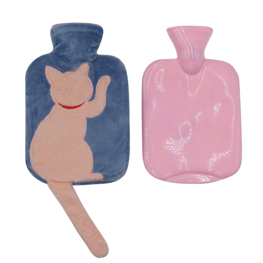 1 Liter Rubber Hot Water Bottle with Soft Plush Fleece Cover, Cute Cat Water Bag Hot and Cold Therapy for Cramps Pain Relief