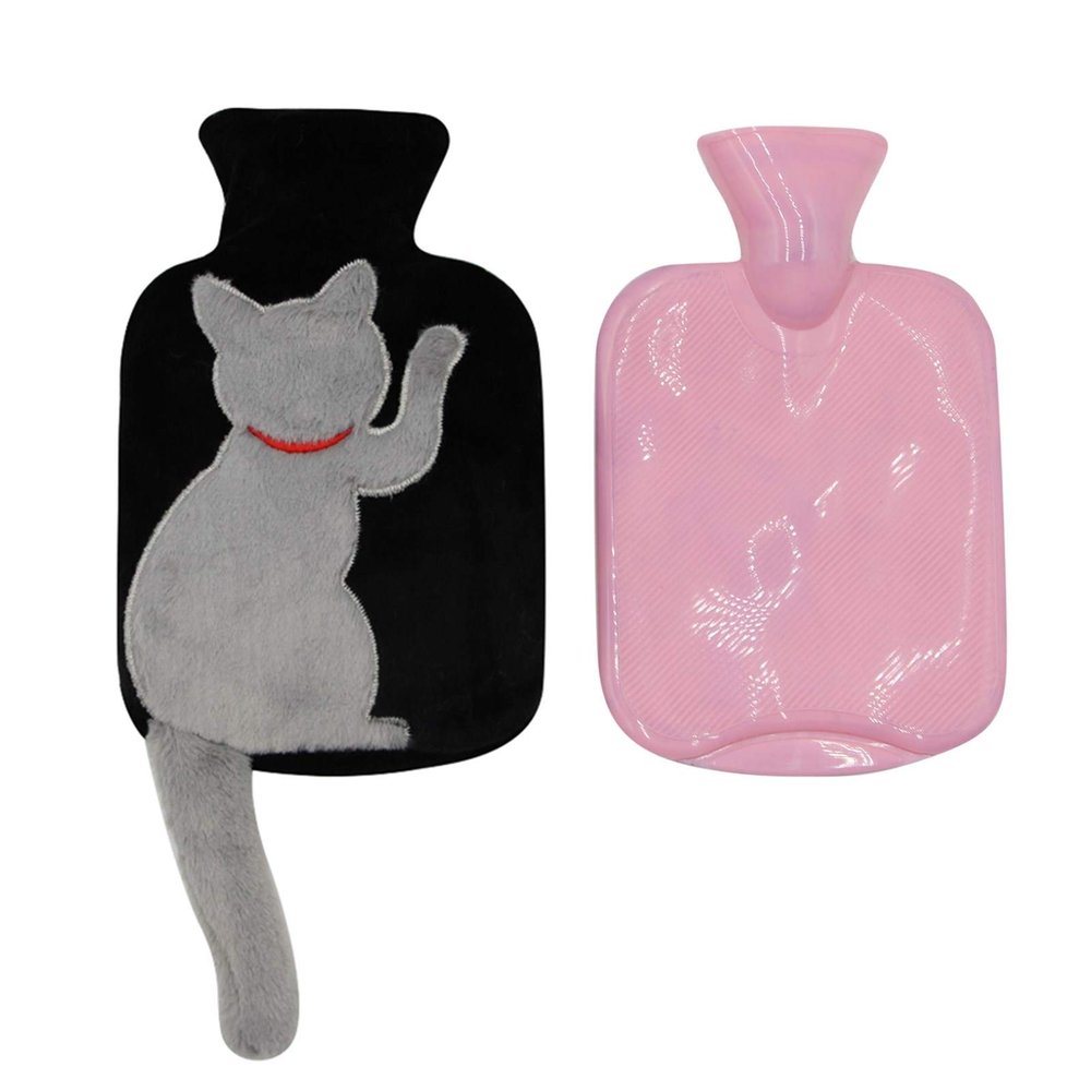 1 Liter Rubber Hot Water Bottle with Soft Plush Fleece Cover, Cute Cat Water Bag Hot and Cold Therapy for Cramps Pain Relief