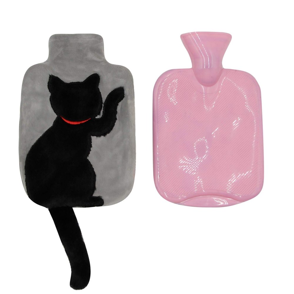 1 Liter Rubber Hot Water Bottle with Soft Plush Fleece Cover, Cute Cat Water Bag Hot and Cold Therapy for Cramps Pain Relief