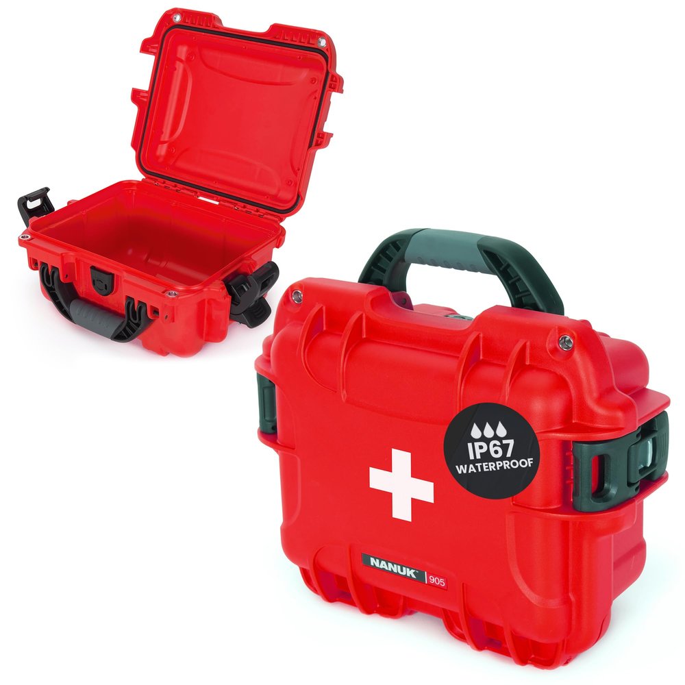 NANUK 905 Waterproof First Aid Case Empty Durable, Medical First Aid Organizer Case, IP67-Rated, Dustproof, Impact-Resistant, and Floats (9.4" x 7.4" x 5.5") Red