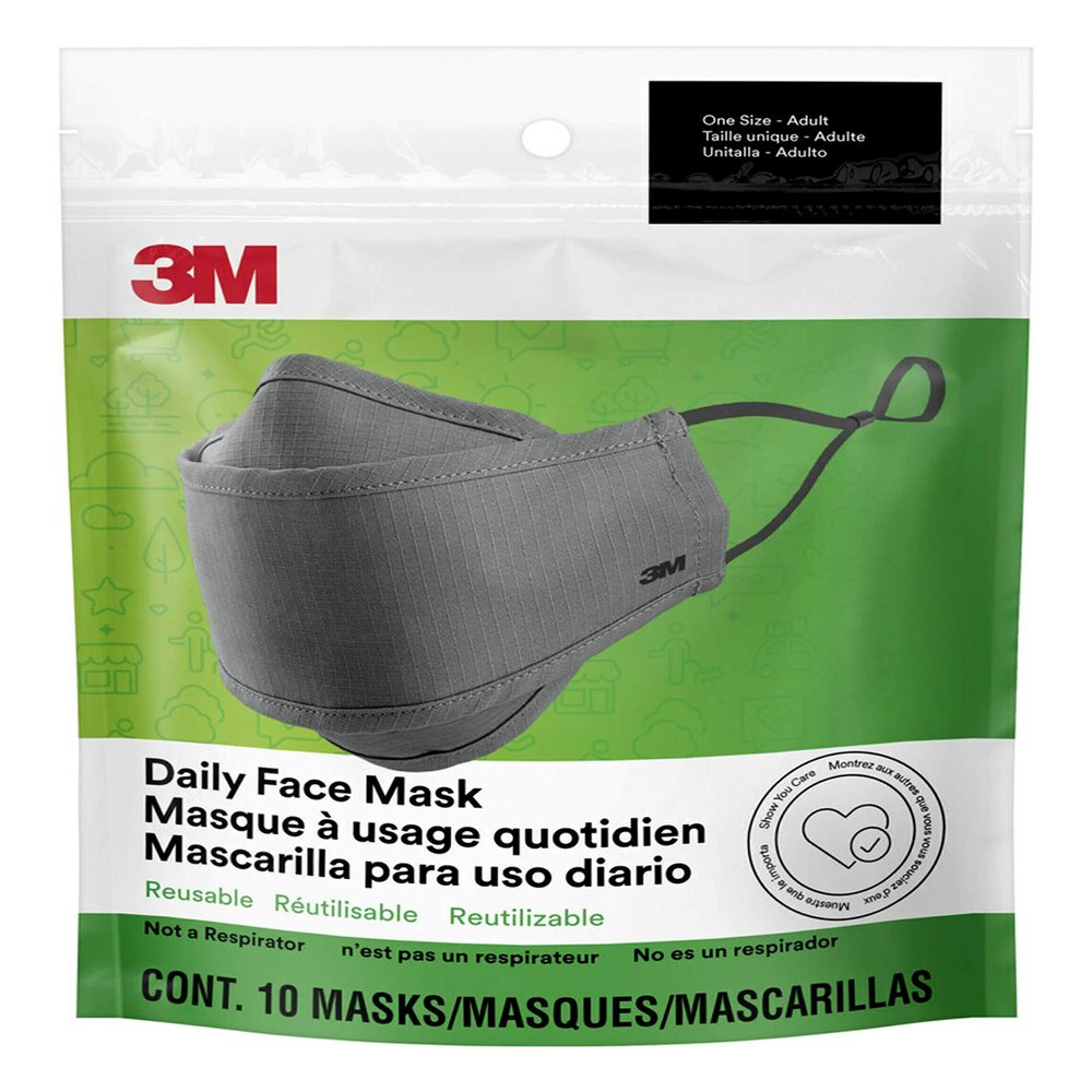 3M Daily Face Mask, Reusable, Washable, Adjustable Ear Loops, Lightweight Cotton Fabric, 12 Pack, Gray