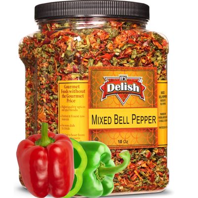 Dehydrated Dried Red and Green Bell Peppers Mix by It's Delish, Jumbo Reusable Container 16 Oz (1 lb) | Bulk Mixed Bell Pepper Flakes Chopped & Dried Vegetable Spice Seasoning | Vegan, Kosher