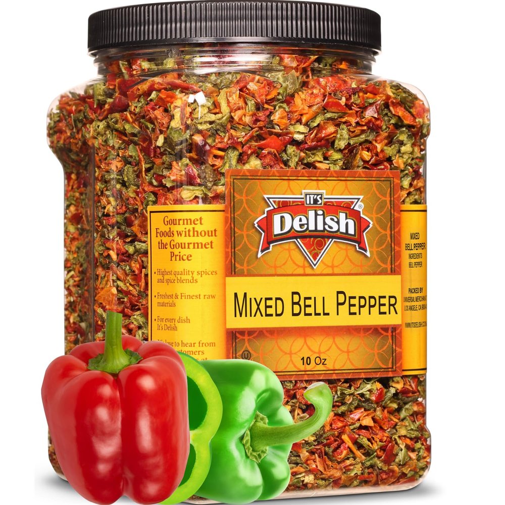 Dehydrated Dried Red and Green Bell Peppers Mix by It's Delish, Jumbo Reusable Container 16 Oz (1 lb) | Bulk Mixed Bell Pepper Flakes  Chopped & Dried Vegetable Spice Seasoning | Vegan, Kosher