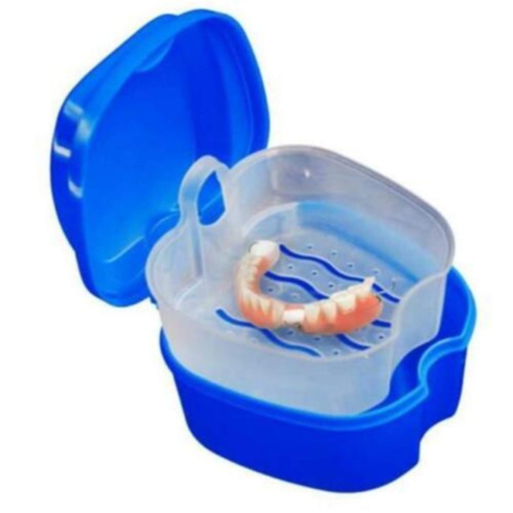 Winwinfly Denture Case, Denture Cup with Strainer, Denture Bath Box False Teeth Storage Box with Basket Net Container Holder for Travel, Retainer Cleaning
