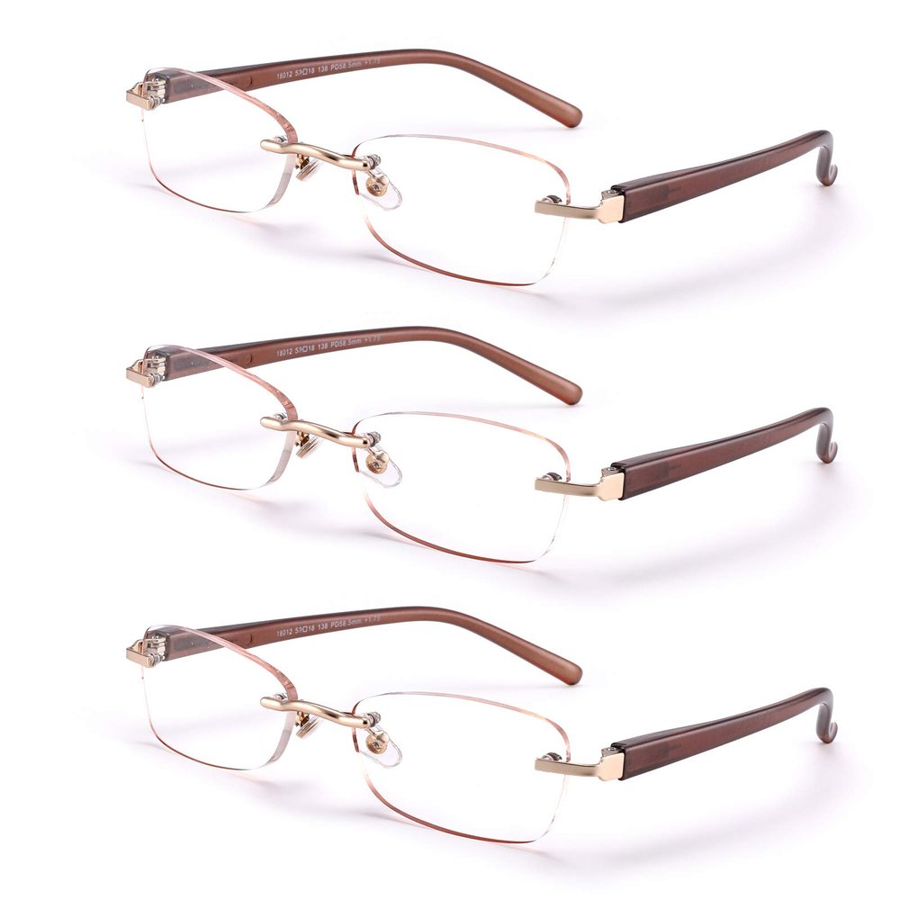 FEIVSN 3-Pack Rimless Reading Glasses For Women, Lightweight Spring Hinge Readers, Classic Elegant Artistic Eyeglasses UV 400 (Brown 2.75 Etc)
