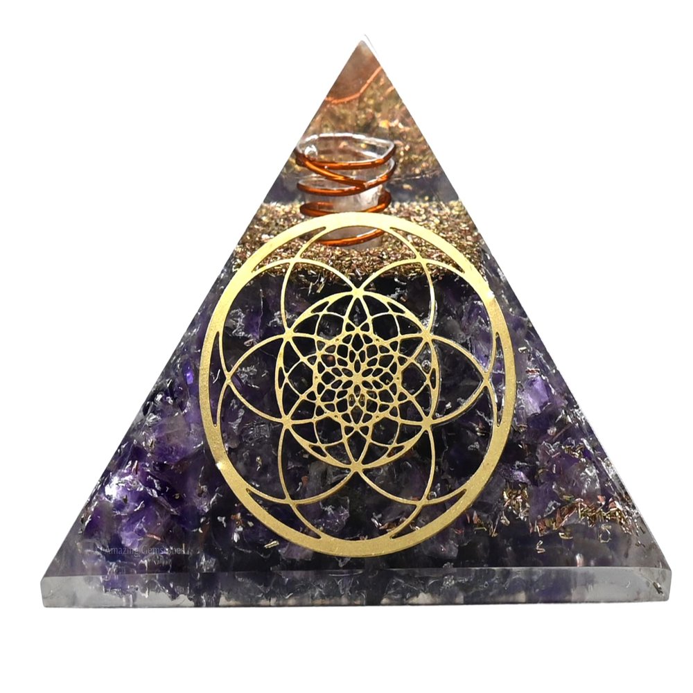 Amazing Gemstone Large Orgone Pyramid | Amethyst Pyramid Crystal | Sacred Flower of Life Orgonite Pyramid | Organ Pyramids Positive Energy Healing