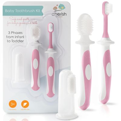 Cherish Baby Care Baby Toothbrush & Toddler Toothbrush Set (0-2 Years) - BPA-Free & Safety-Tested, 2023 Award Winner, Food-Grade Silicone (Pink)