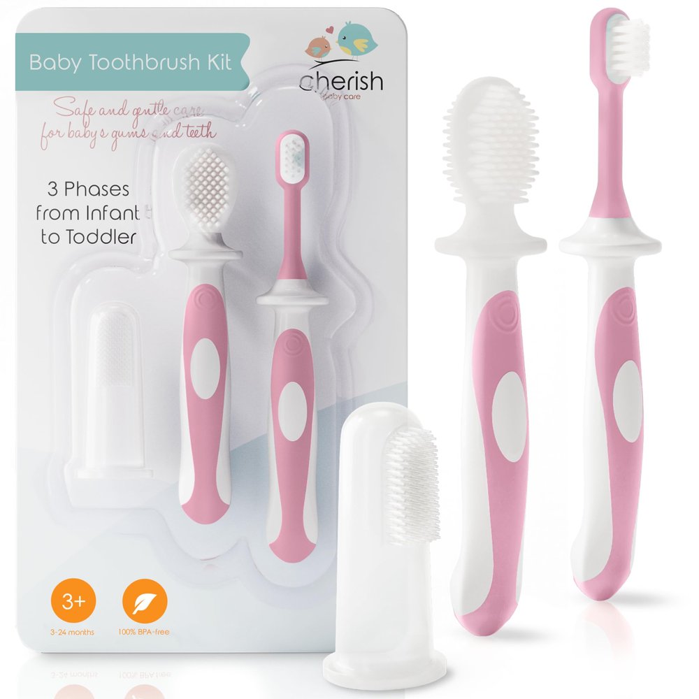 Cherish Baby Care Baby Toothbrush & Toddler Toothbrush Set (0-2 Years) - BPA-Free & Safety-Tested, 2023 Award Winner, Food-Grade Silicone (Pink)