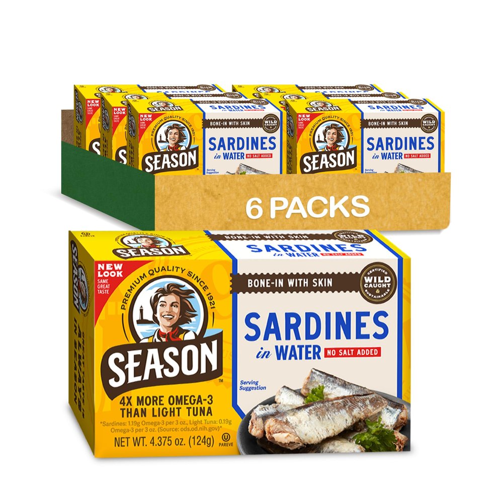 Season Sardines in Water - No Salt Added, Wild Caught, 22g of Protein, Keto Snacks, More Omega 3's Than Tuna, Kosher, High in Calcium, Canned Sardines - 4.37 Oz Tins, 6-Pack
