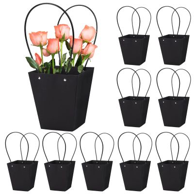10Pcs Flower Bouquet Boxes with Long Handles Kraft Paper Florist Floral Gift Packaging Boxes Trapezoid Flower Wrapping Bags for Mother's Day Wedding Birthday Anniversary Housewarming Valentine Day