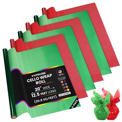 Hygloss Products Cellophane Roll Cello Wrap for Crafts, Gifts, and Baskets - 3 Rolls Each of Red and Green - 20 x 150 Inches