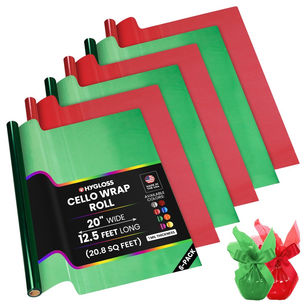 Hygloss Products Cellophane Roll Cello Wrap for Crafts, Gifts, and Baskets - 3 Rolls Each of Red and Green - 20 x 150 Inches