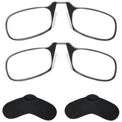 Noble Ultra Slim and Flat Reading Glasses Thin and Flexible Armless (2 Pairs) Enhanced Comfort Nose Rest, Armless Pocket Size Readers with 2 Stick-on Silicone Case Holder (Black, +1.50)