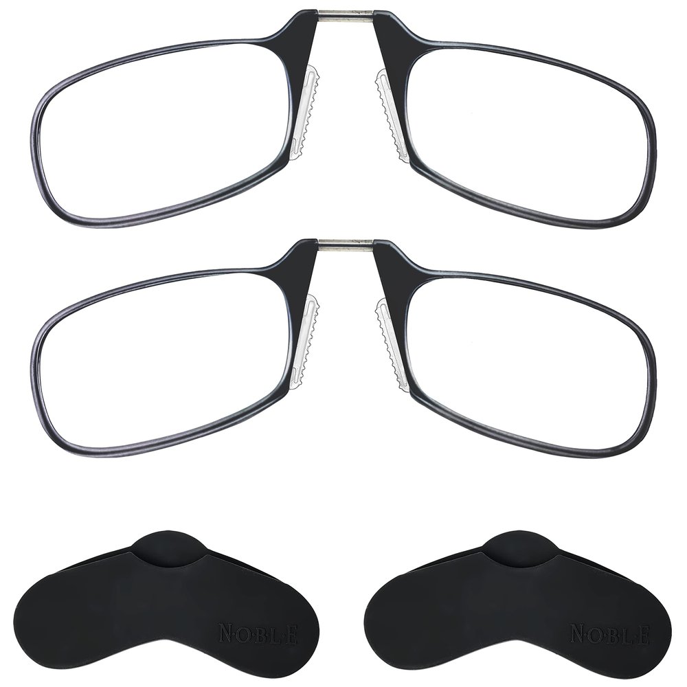 Noble Ultra Slim and Flat Reading Glasses Thin and Flexible Armless (2 Pairs) Enhanced Comfort Nose Rest, Armless Pocket Size Readers with 2 Stick-on Silicone Case Holder (Black, +1.50)