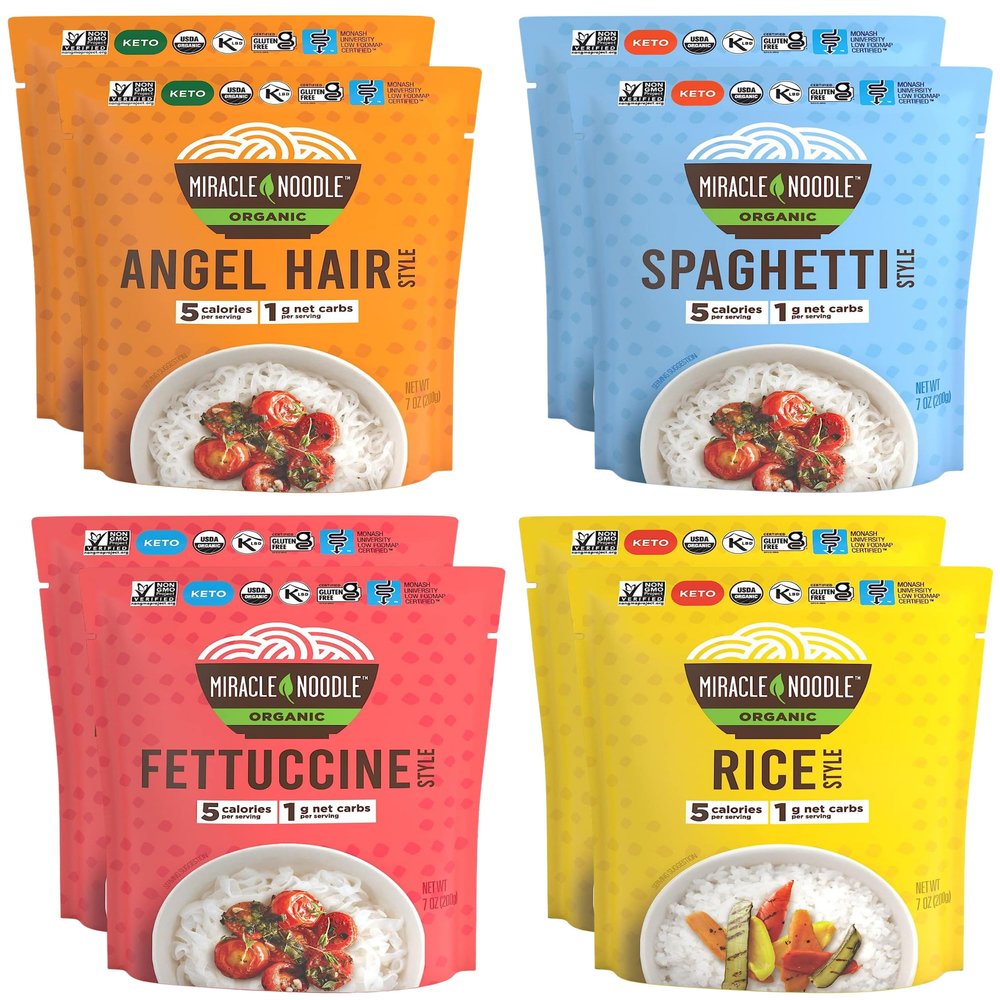 Miracle Noodle Organic Variety Pack (Angel Hair, Spaghetti, Fettuccine, & Rice) - Ready-To-Eat, Konjac Shirataki Noodles, Keto, Gluten Free, Low Carb & Calorie - 2 Bags Each, 8-Pack