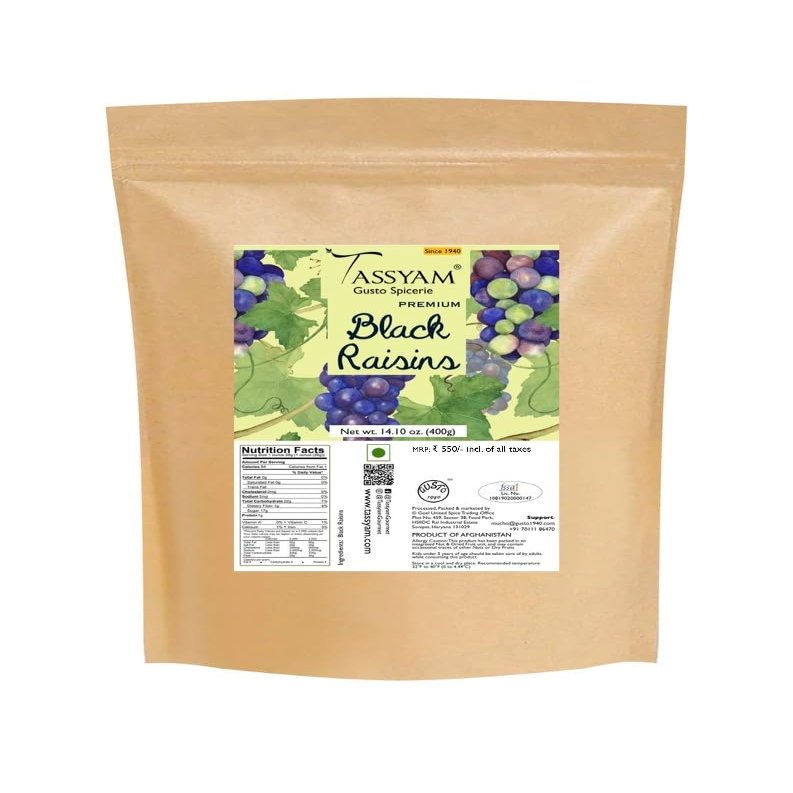 Tassyam Premium Hand Picked Black Raisins 400g Pouch | Healthy Natural Dry Fruits Luxury Pack of Kali Draksh Kishmish