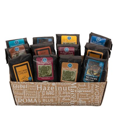 Coffee Beanery Indulgent Decaf Coffee Gift Basket - Swiss Water Process Decaf - 100% Specialty Arabica Coffee - (12) Flavored Coffee Samplers