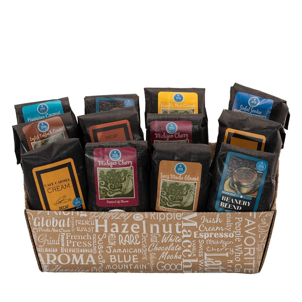 Coffee Beanery Indulgent Decaf Coffee Gift Basket - Swiss Water Process Decaf - 100% Specialty Arabica Coffee - (12) Flavored Coffee Samplers