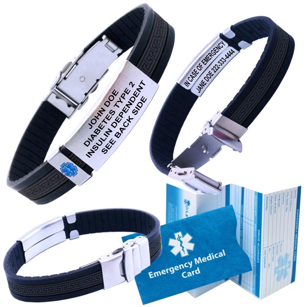 Designer Medical ID Bracelet  Ultra Slim, Hypoallergenic Waterproof Silicone Wristband  Custom Engraved Stainless Steel Plate, Emergency Medical Card, 12-Month Personal Health Record Access, Black