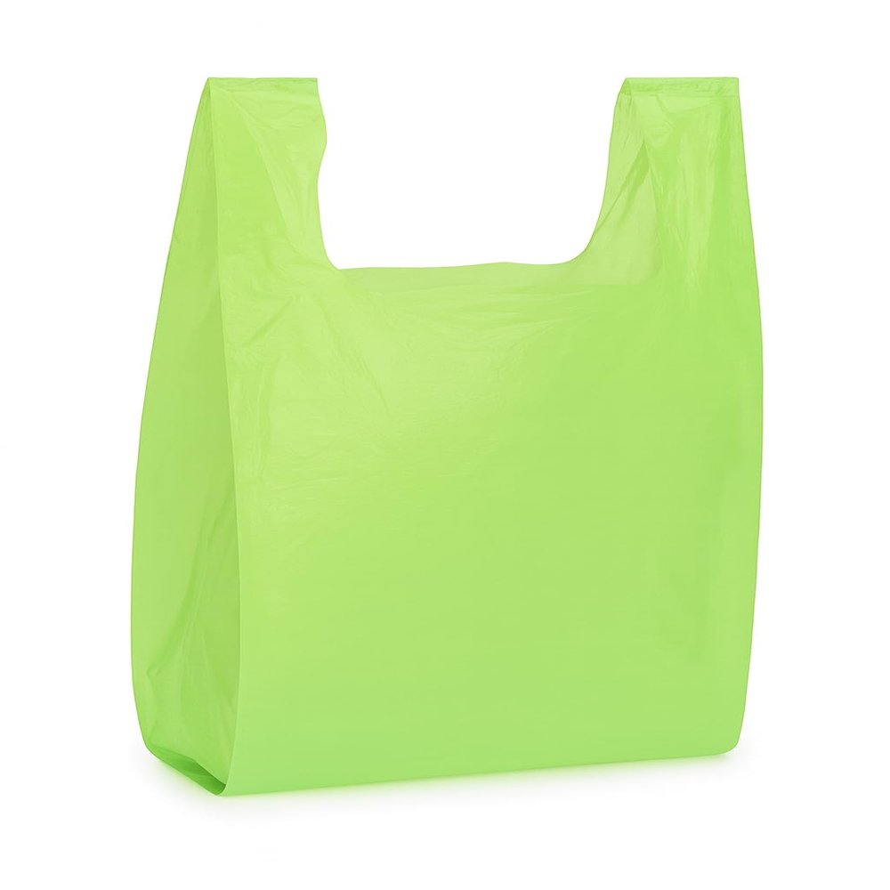 100-Pack Medium Lime Print Plastic T-Shirt Bags 11.5 6 21 Inch Bright Lime Green HDPE Disposable Retail Checkout Durable Grocery, Boutique, Takeout & Convenience Store Carryout Packaging