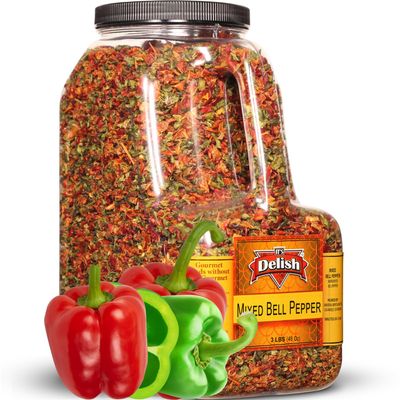 Dehydrated Dried Red and Green Bell Peppers Mix by It's Delish 48 Oz (3 lbs) Restaurant Gallon Size Jug With handle Sealed to Maintain Freshness Chopped & Dried Vegetable Spice Seasoning