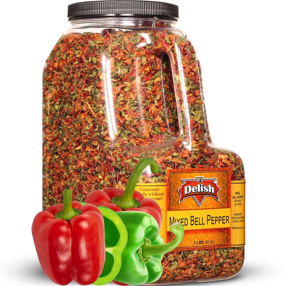 Dehydrated Dried Red and Green Bell Peppers Mix by It's Delish  48 Oz (3 lbs) Restaurant Gallon Size Jug With handle  Sealed to Maintain Freshness  Chopped & Dried Vegetable Spice Seasoning