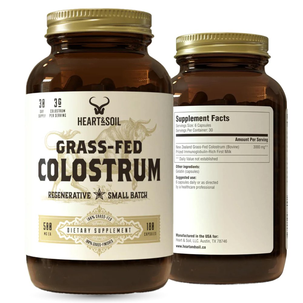 HEART & SOIL 100% Grass Fed & Finished Colostrum Supplement from Regenerative Cattle for Gut, Muscle & Immune Health  3000mg Bovine Colostrum Capsules - Gut Health for Men & Women 180 Capsules