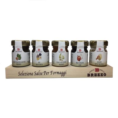 BREZZO - Authentic Italian Condiments, Organic Jams and Honey Gift Sets (5 Pack) | Wooden Board for Gifting | Delicious Sampler Trays from Italy | Gourmet Gifts for Men and Women (Mixed Condiments)